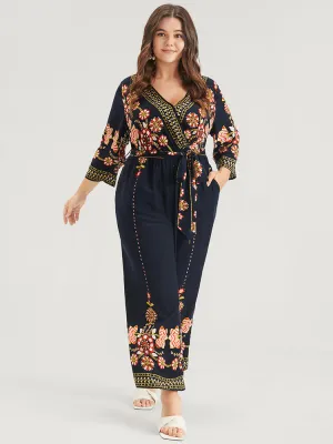 Random Floral Print Elastic Waist Pocket Belted Wrap Jumpsuit