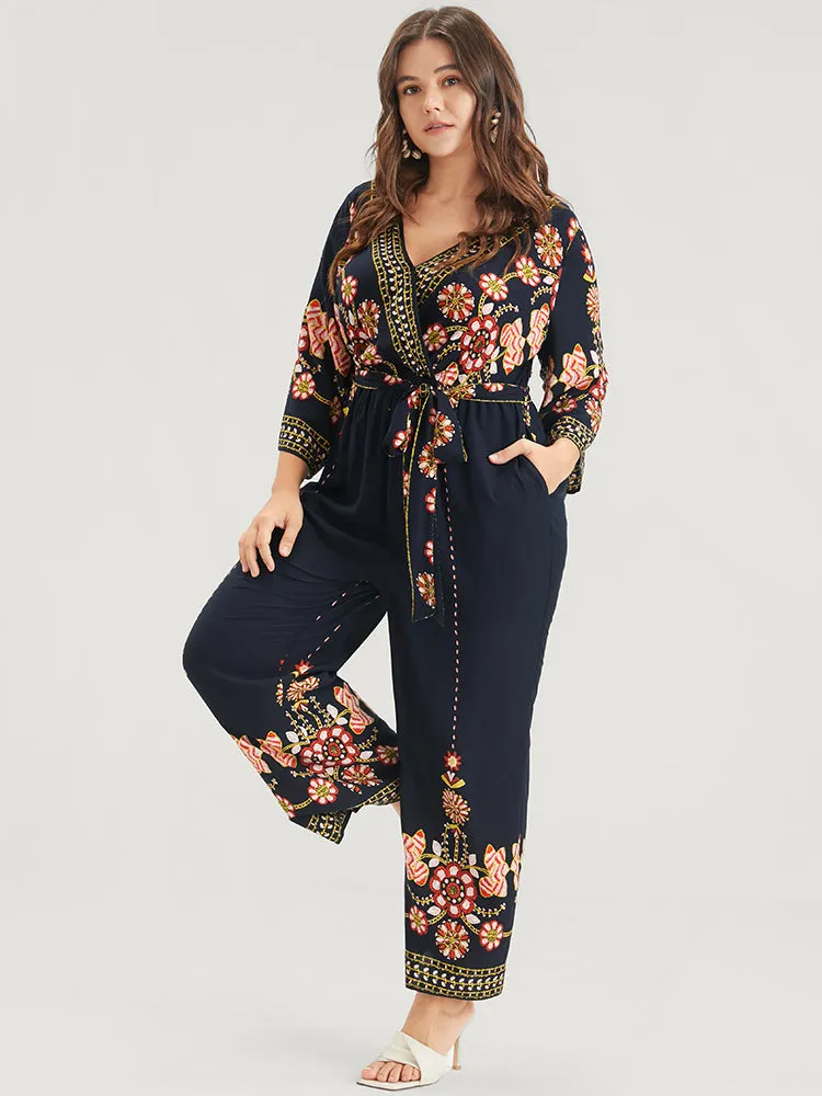 Random Floral Print Elastic Waist Pocket Belted Wrap Jumpsuit