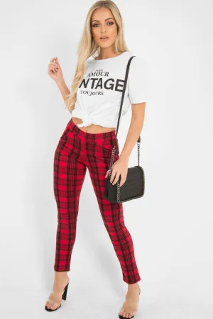 Red Check High Waist Slim Fit Trousers -  Sashya