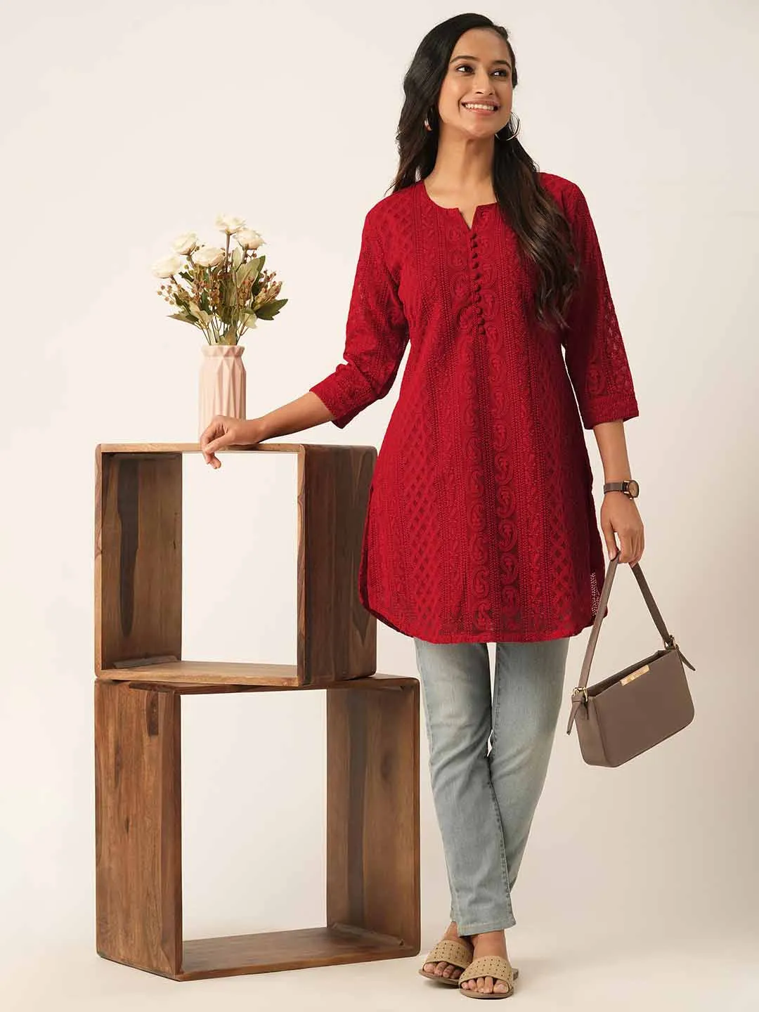 Red Paisley Embroidered Georgette Lucknowi Chikankari Thigh Length Tunic For Women - ZOLA