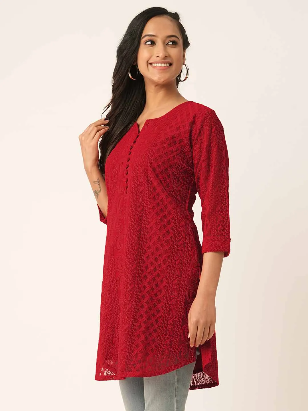 Red Paisley Embroidered Georgette Lucknowi Chikankari Thigh Length Tunic For Women - ZOLA
