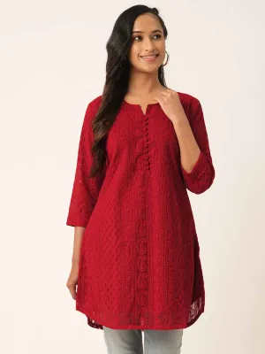 Red Paisley Embroidered Georgette Lucknowi Chikankari Thigh Length Tunic For Women - ZOLA