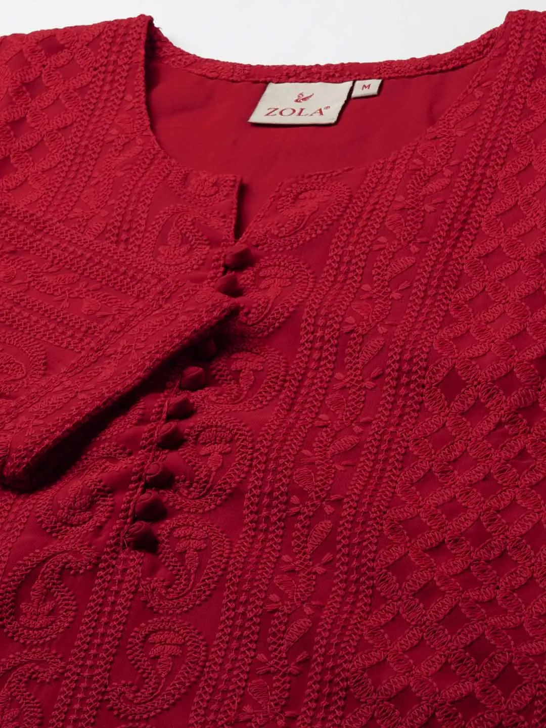 Red Paisley Embroidered Georgette Lucknowi Chikankari Thigh Length Tunic For Women - ZOLA