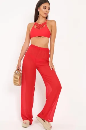 Red Shirred Wide Leg Trousers - Kamori