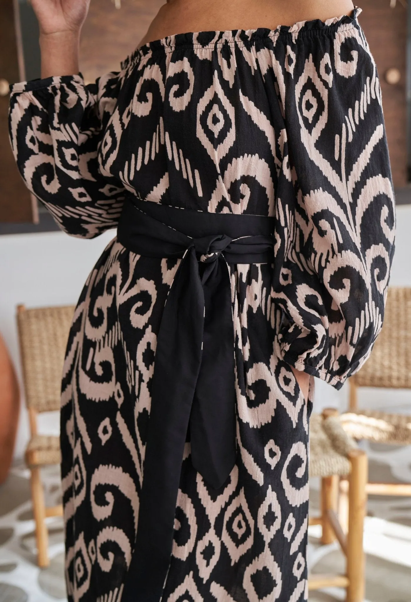 re:hOMe - Black and Sand Ikat Off the Shoulder Gauze Dress with Pockets and Belt