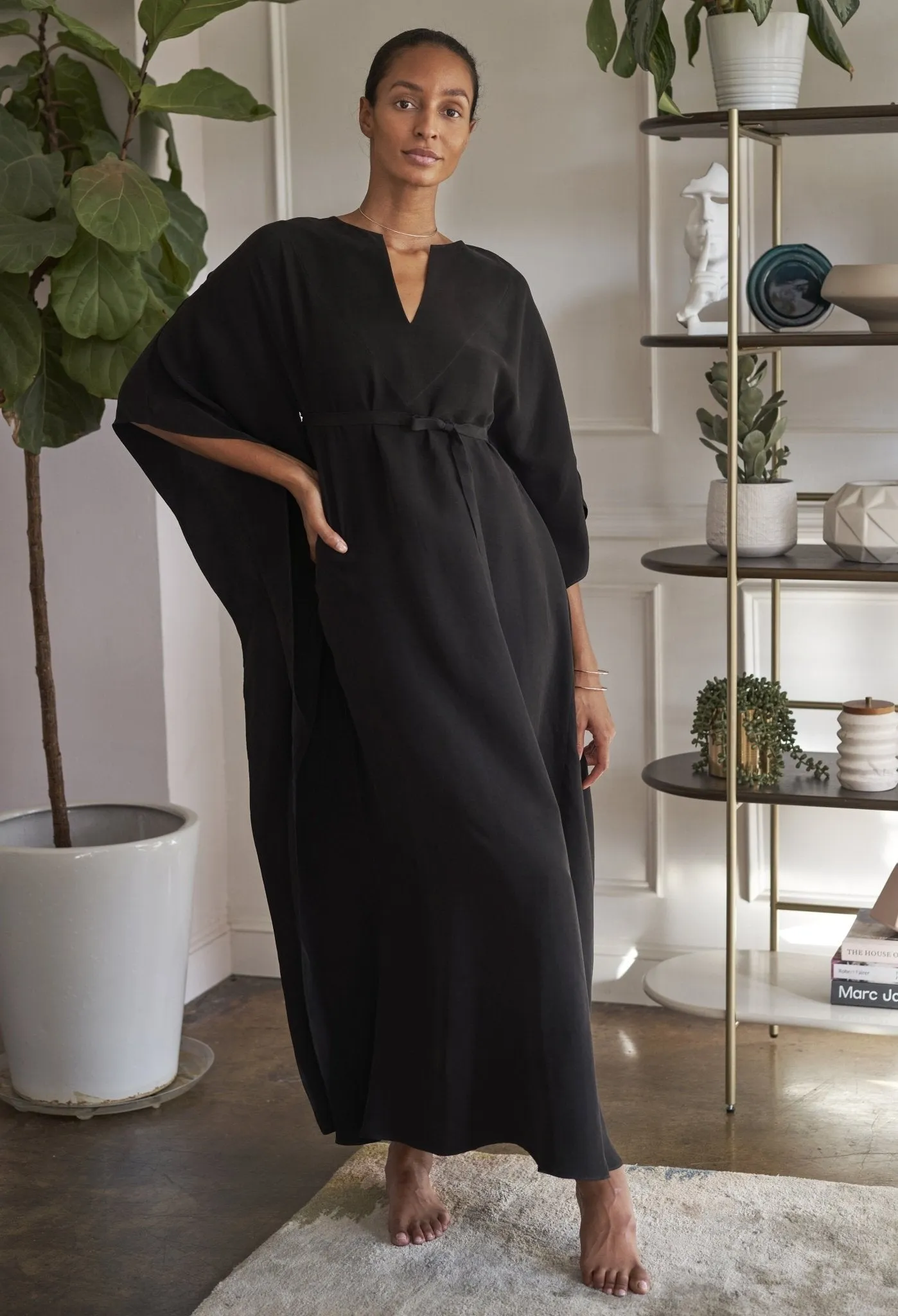 re:hOMe - Black Cupro Belted Long Caftan