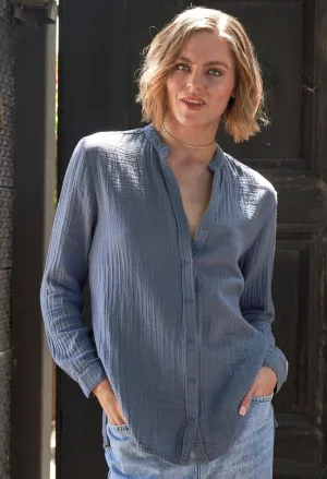 re:hOMe - The Perfect Button Front Cotton Top in Petrol