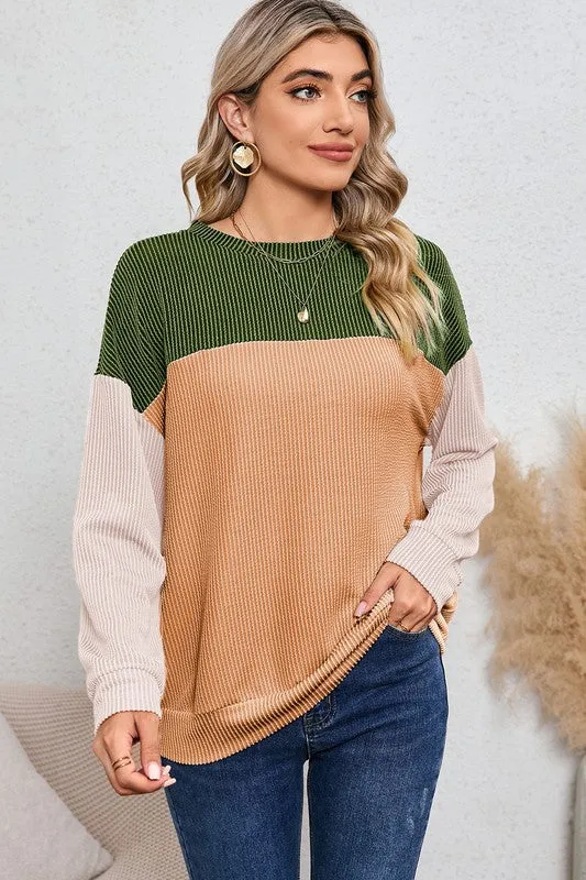 Ribbed Colorblock Long Sleeve Top in 3 Colors