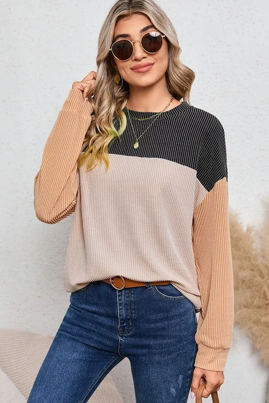 Ribbed Colorblock Long Sleeve Top in 3 Colors