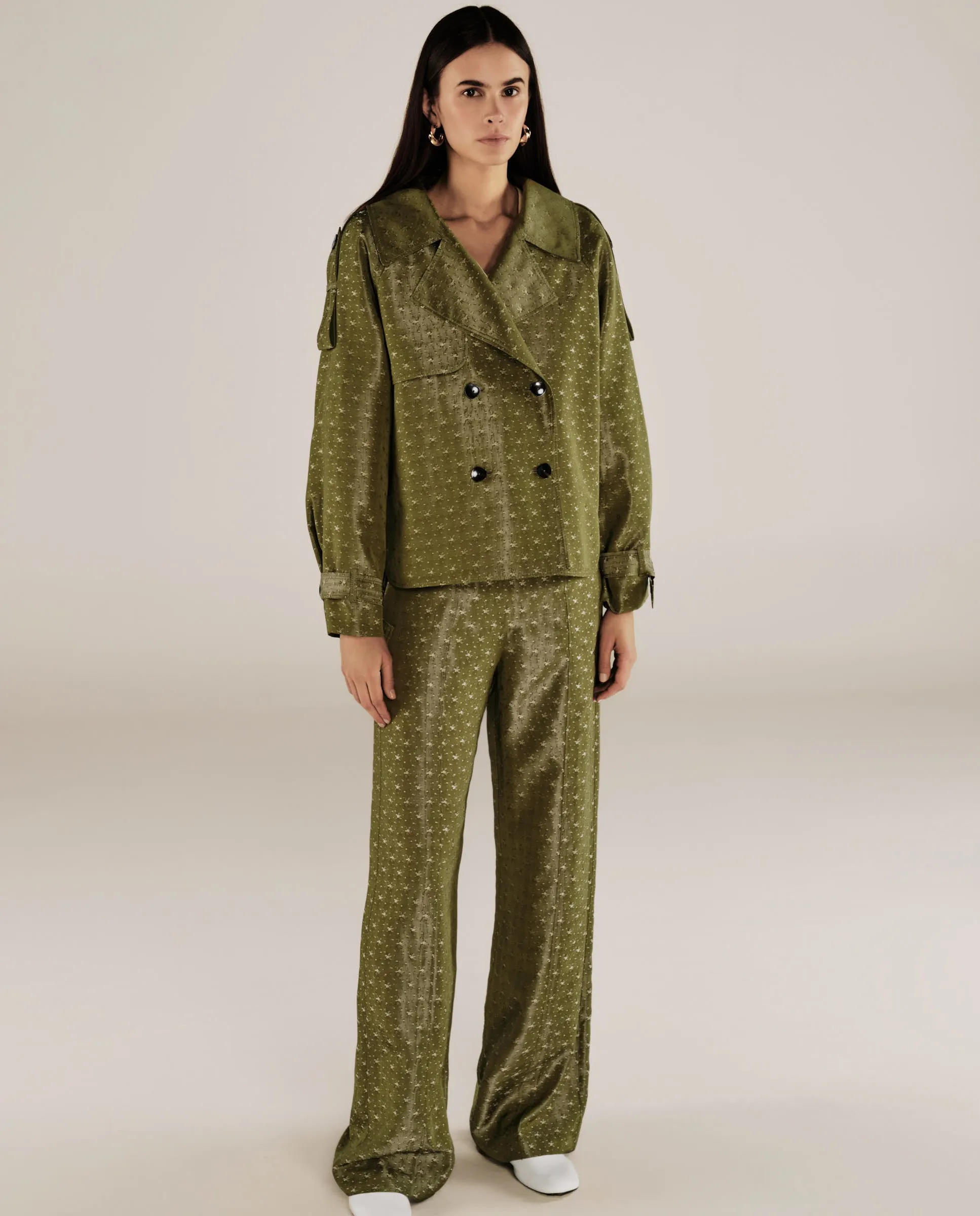 ROMINA | Green & Gold Flower Jacquard Wide Leg Trousers