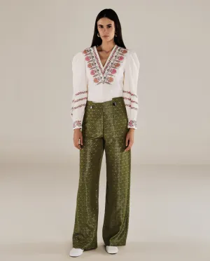 ROMINA | Green & Gold Flower Jacquard Wide Leg Trousers