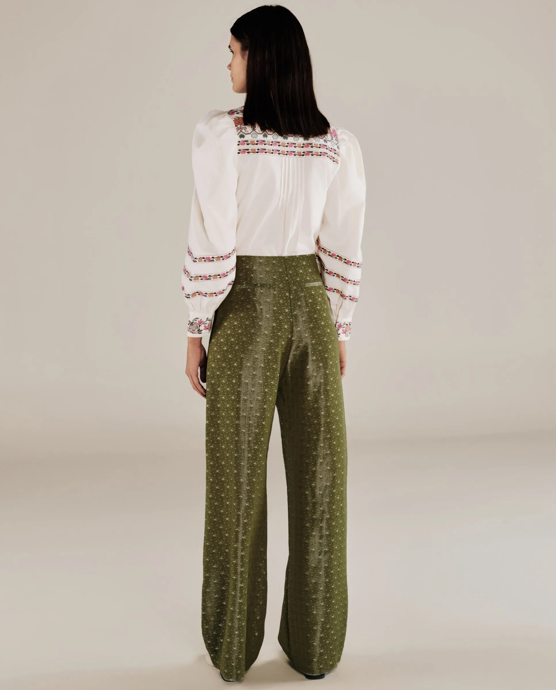 ROMINA | Green & Gold Flower Jacquard Wide Leg Trousers