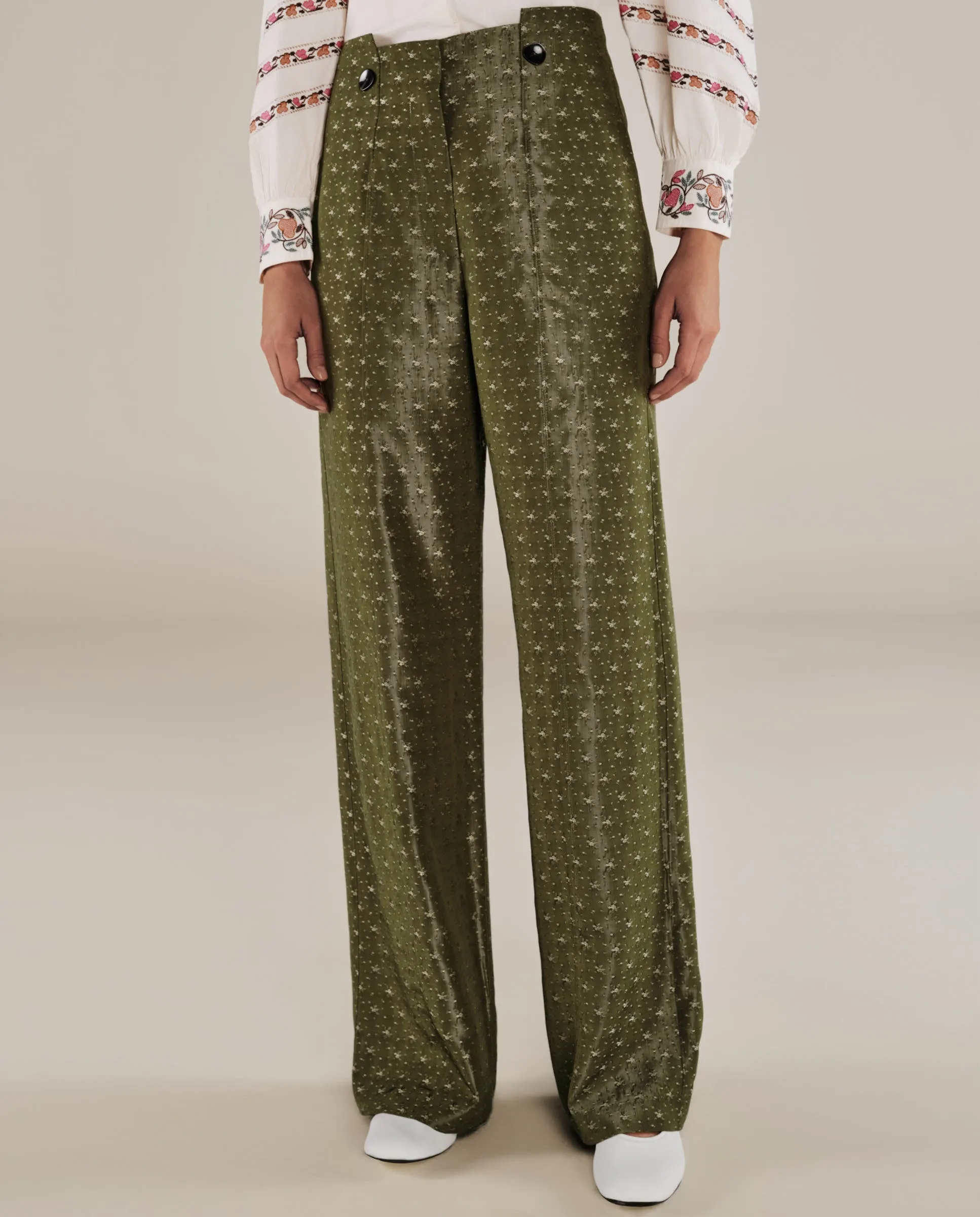 ROMINA | Green & Gold Flower Jacquard Wide Leg Trousers