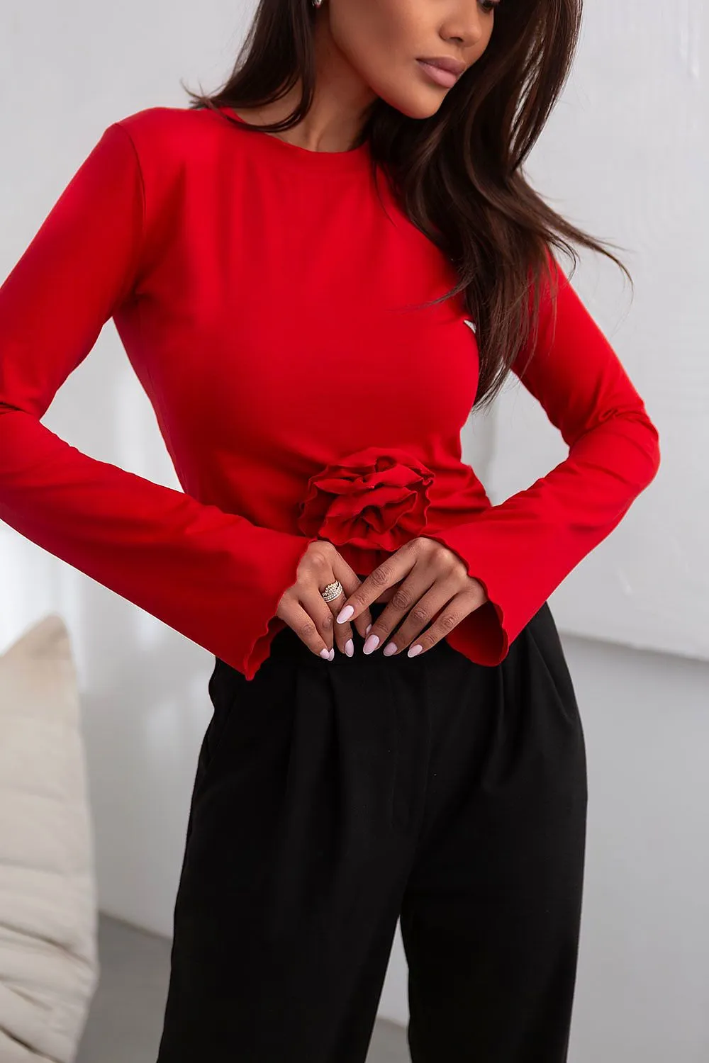 Rose Embellished Flared Sleeve Blouse