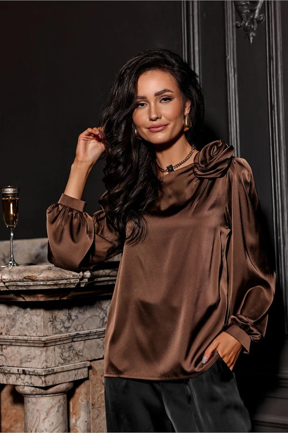 Rose-Embellished Loose Satin Blouse