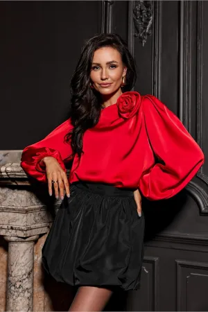 Rose-Embellished Loose Satin Blouse
