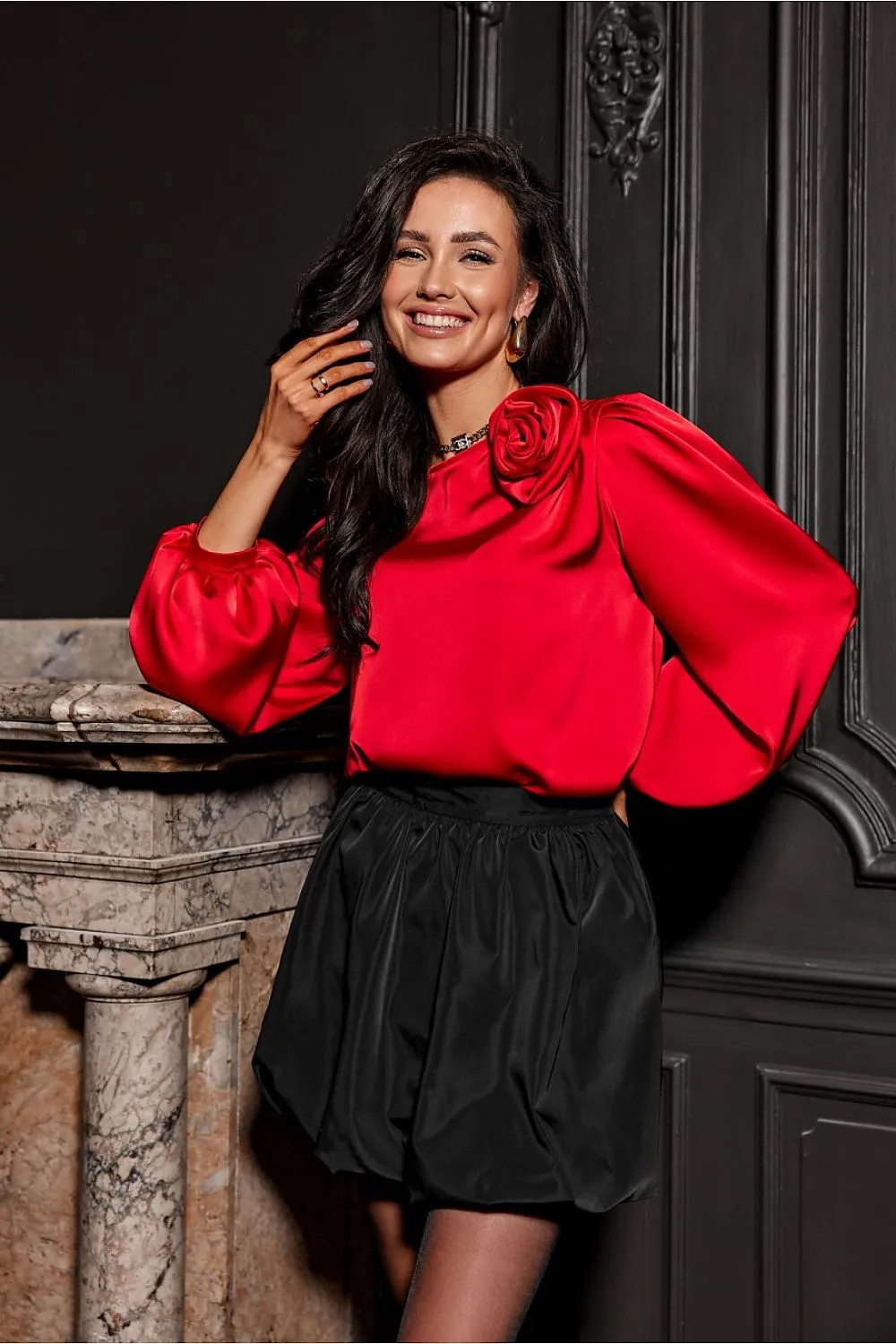 Rose-Embellished Loose Satin Blouse