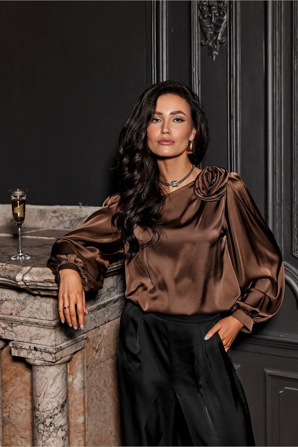 Rose-Embellished Loose Satin Blouse