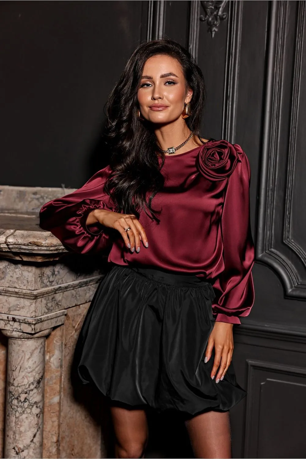 Rose-Embellished Loose Satin Blouse