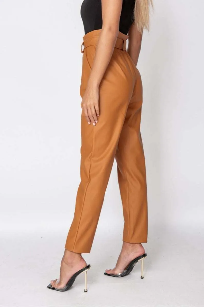 Rust Faux Leather High-Waisted Paperbag Trousers