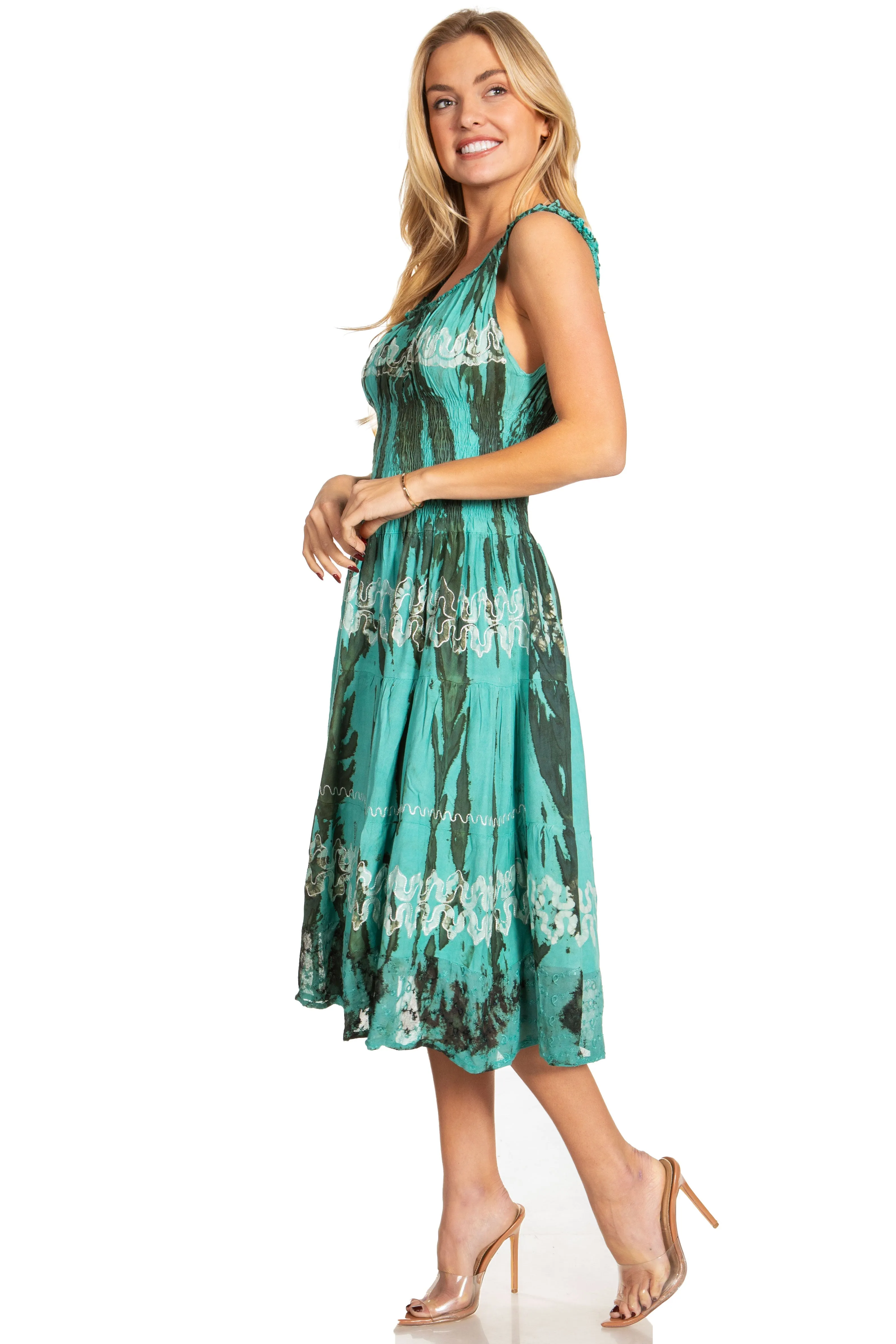 Sakkas Alba Women's Off The Shoulder Smock Ruffle Midi Dress Tie Dye & Embroidery