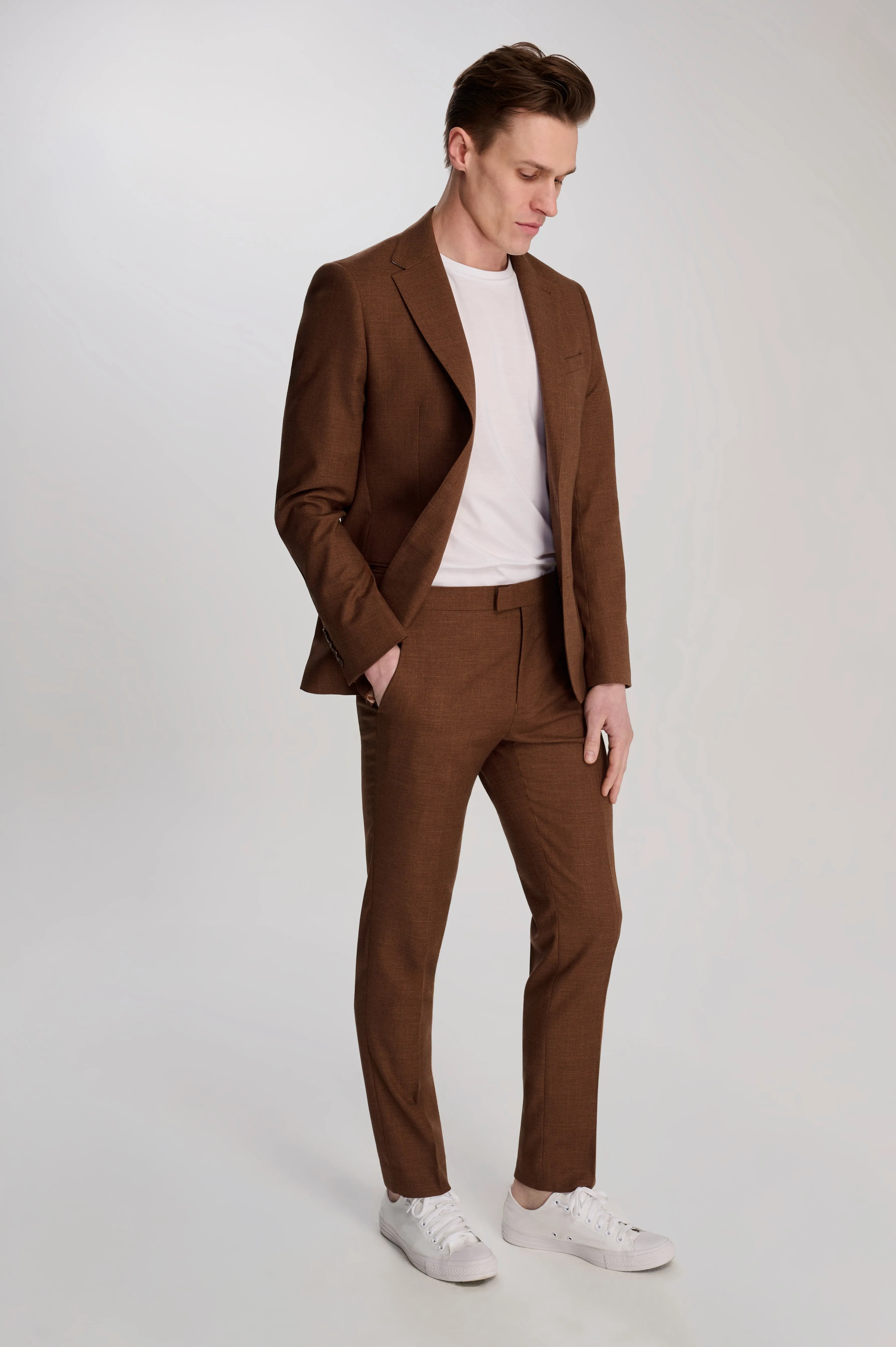 Sandro Slim Fit Linen Look Suit Trousers in Rust