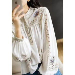 SAS Ladies Tops Printed White Shirt Women's Loose Style Lantern Sleeve Shirt Elegant Women's Long Sleeve Shirt