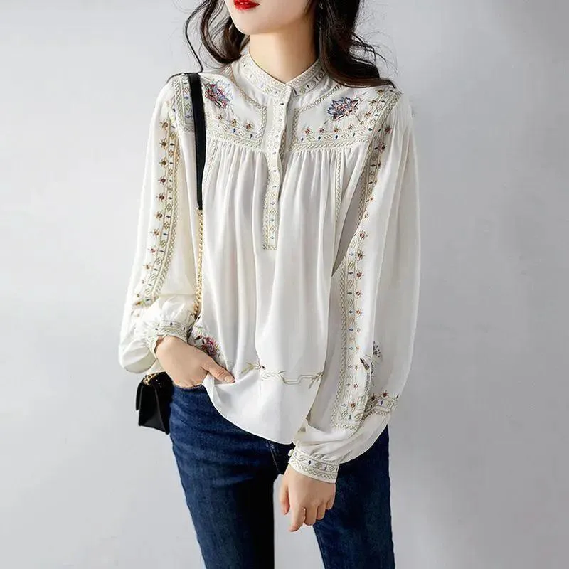 SAS Ladies Tops Printed White Shirt Women's Loose Style Lantern Sleeve Shirt Elegant Women's Long Sleeve Shirt