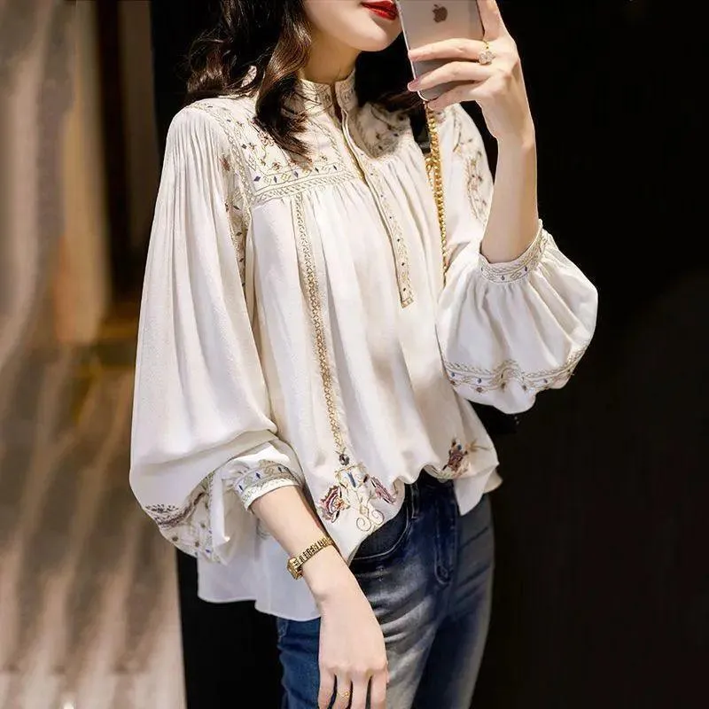 SAS Ladies Tops Printed White Shirt Women's Loose Style Lantern Sleeve Shirt Elegant Women's Long Sleeve Shirt