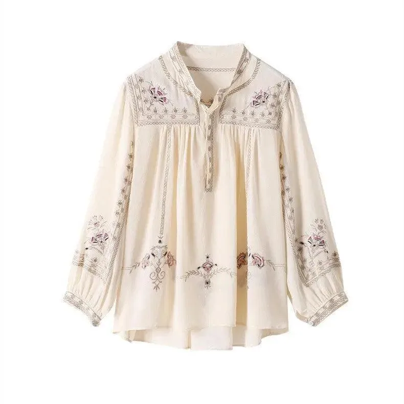 SAS Ladies Tops Printed White Shirt Women's Loose Style Lantern Sleeve Shirt Elegant Women's Long Sleeve Shirt