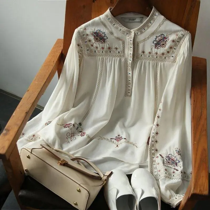 SAS Ladies Tops Printed White Shirt Women's Loose Style Lantern Sleeve Shirt Elegant Women's Long Sleeve Shirt