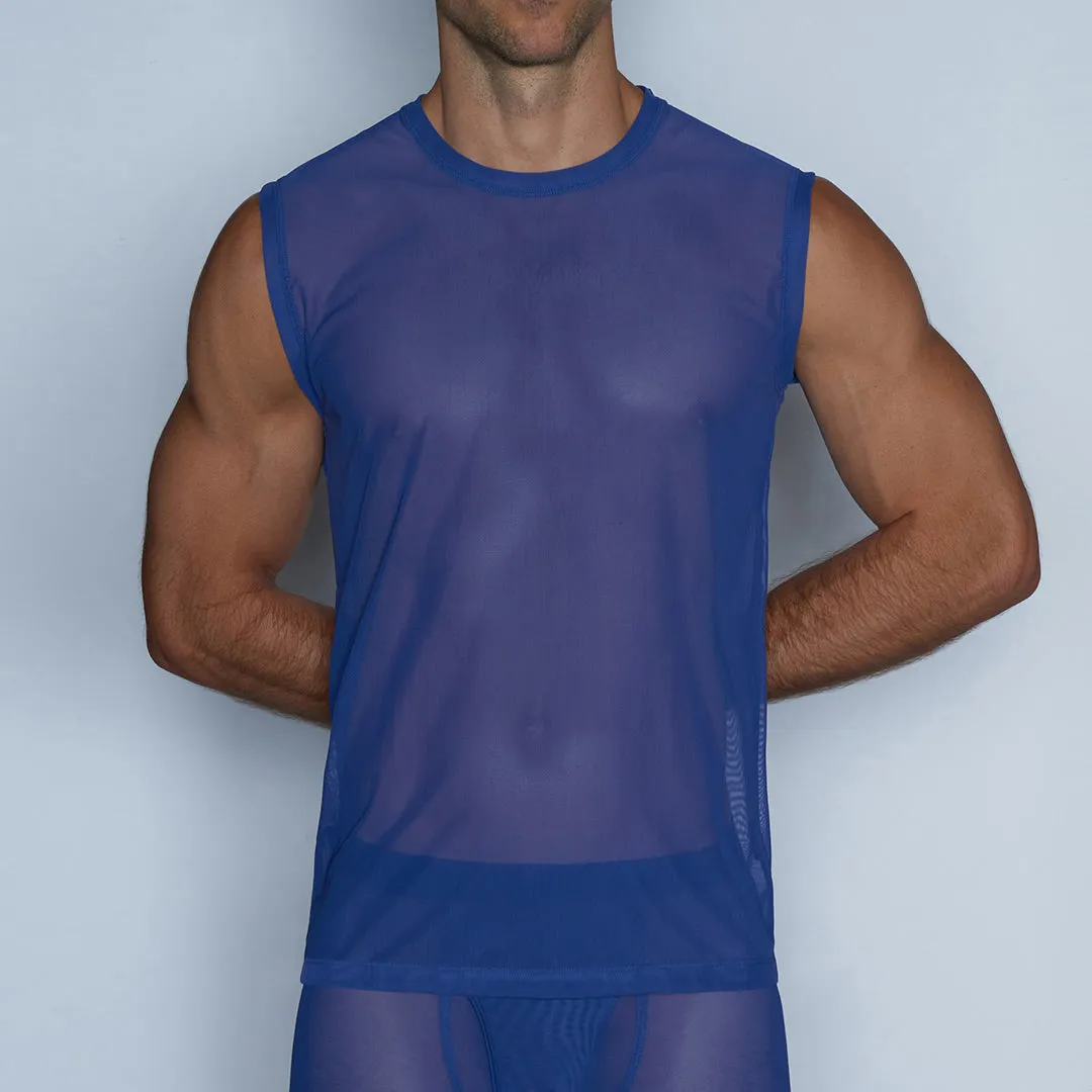 Sheer Sleeveless Crew Neck T-Shirt Bari Blue