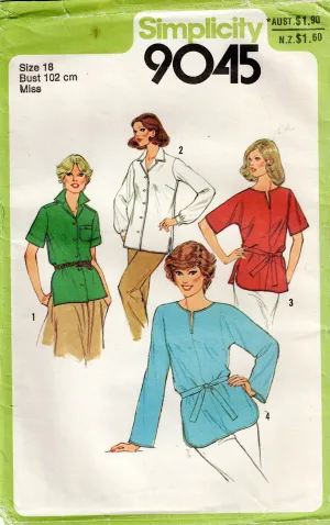 Simplicity 9045 Womens Caftan Style Tunic Tops & Tie Belt 1970s Vintage Sewing Pattern Size 18 or 20 UNCUT Factory Folded