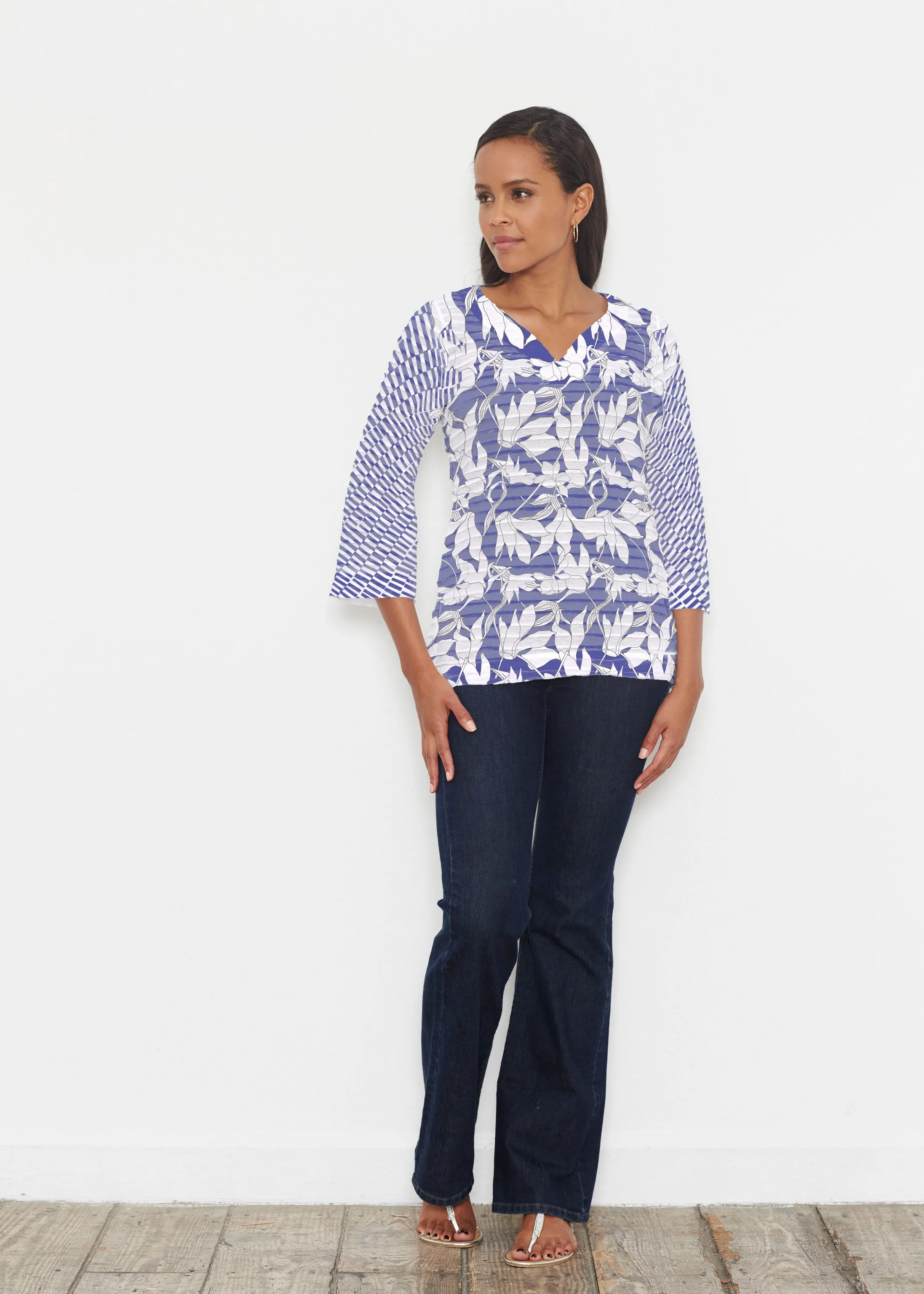 Sketch Floral Dominos (7814) ~ Banded 3/4 Bell-Sleeve V-Neck Tunic