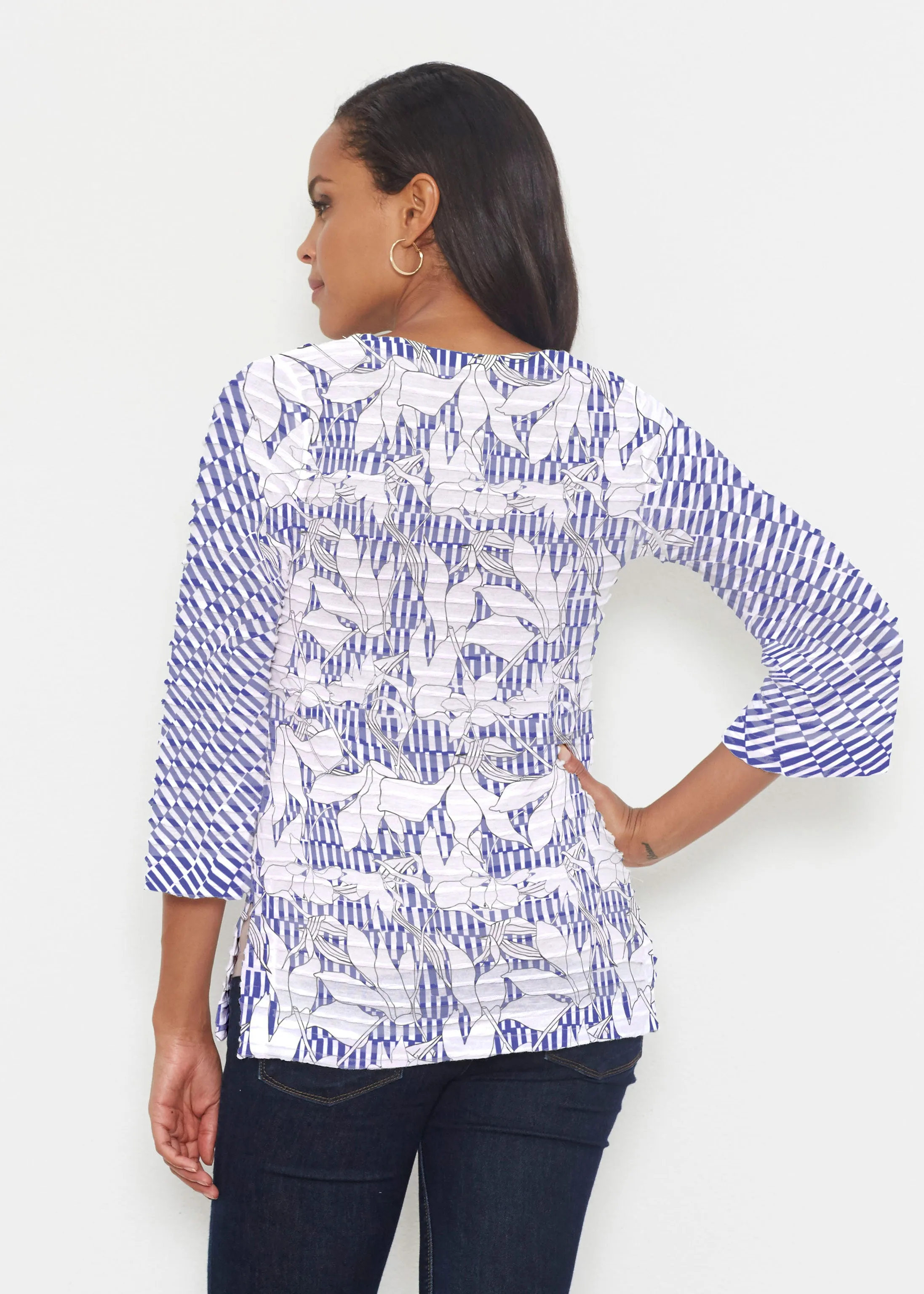 Sketch Floral Dominos (7814) ~ Banded 3/4 Bell-Sleeve V-Neck Tunic