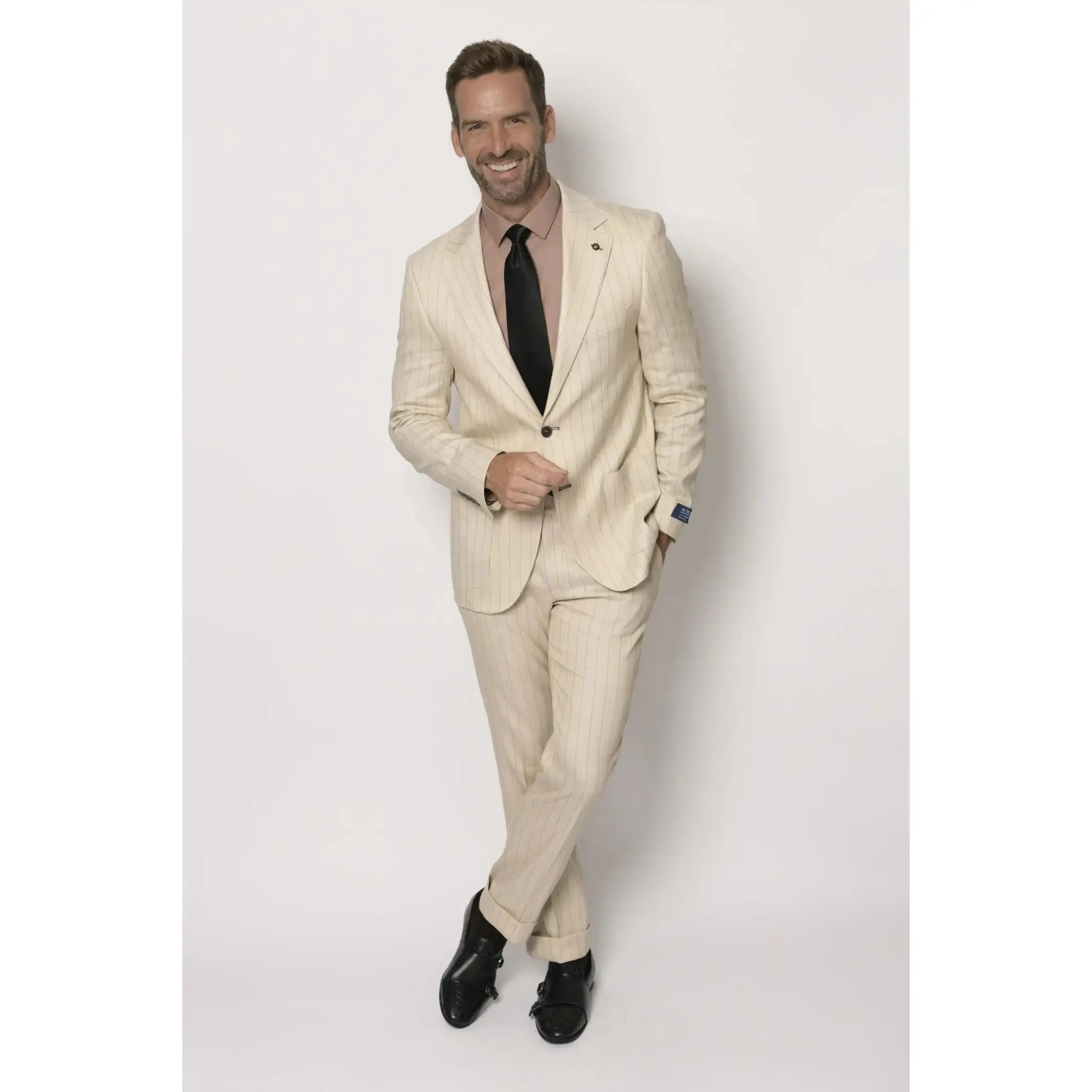 Slim Fit Trousers Beige Pinstripe