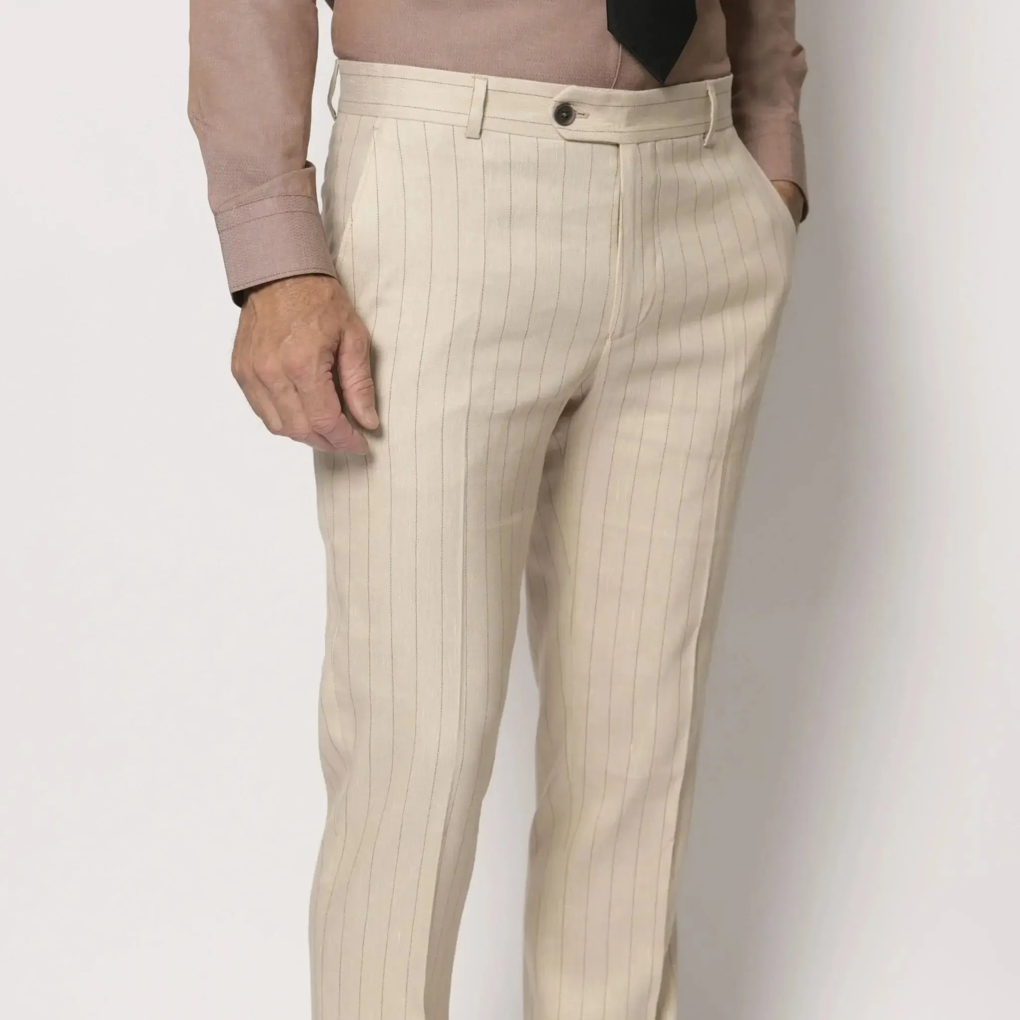 Slim Fit Trousers Beige Pinstripe