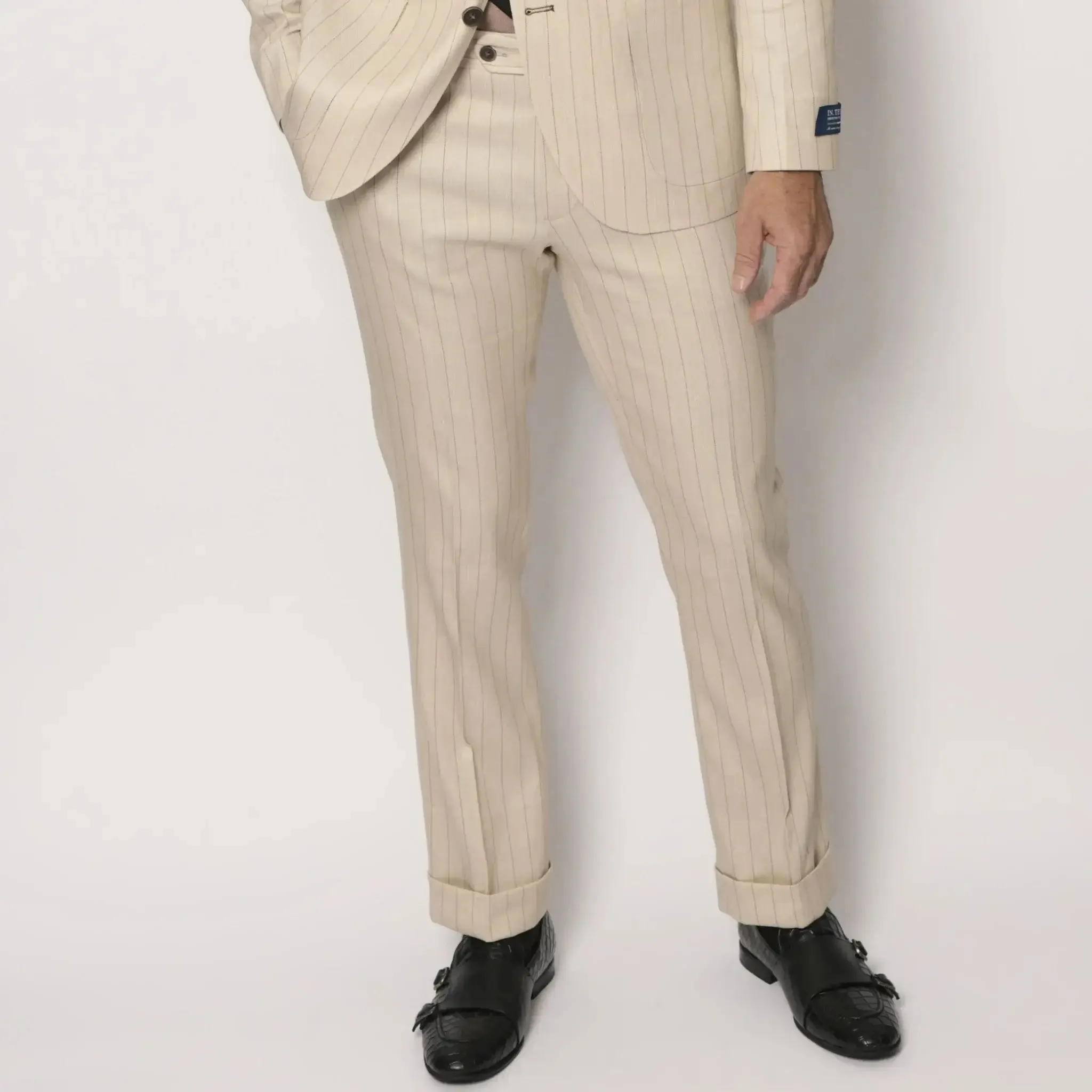 Slim Fit Trousers Beige Pinstripe