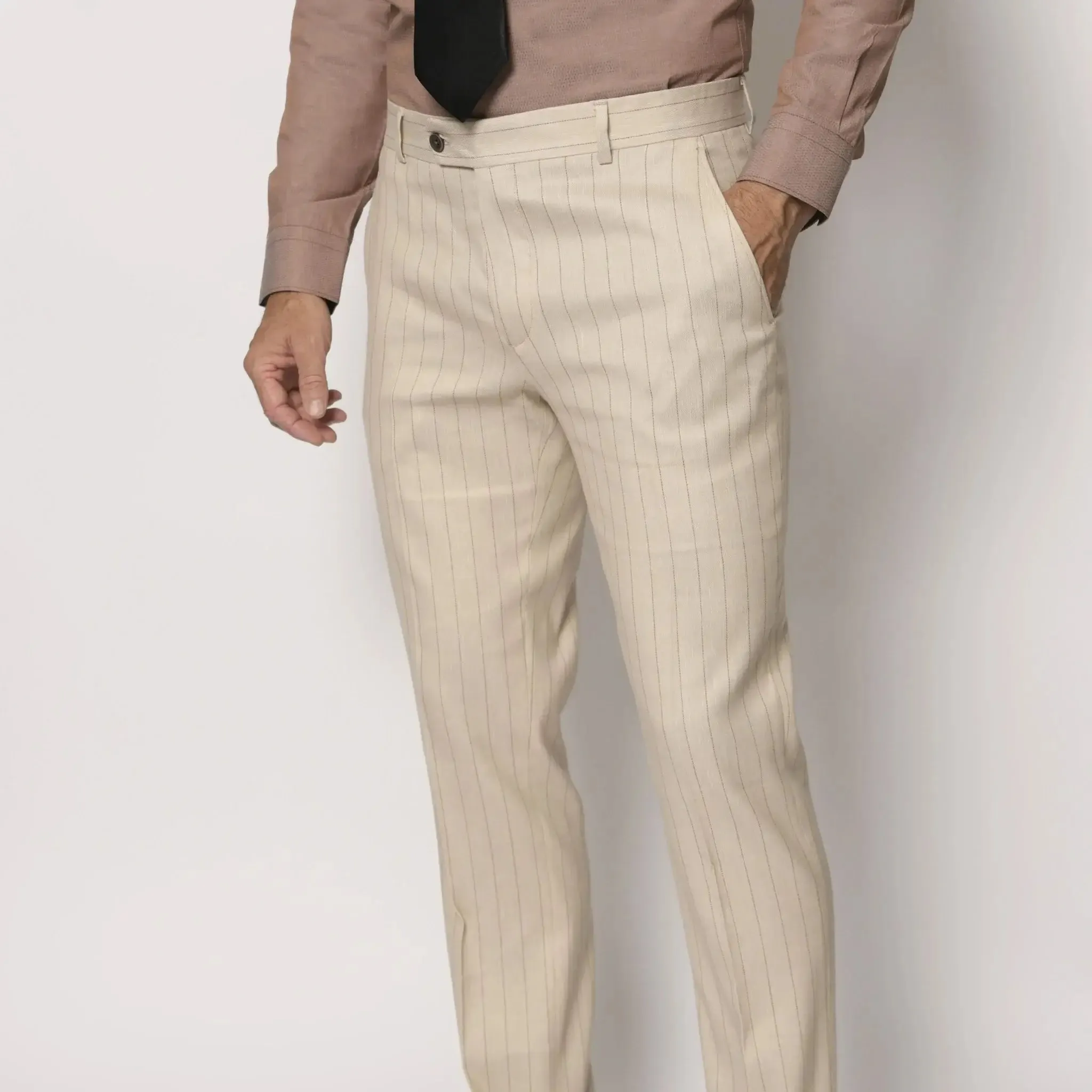 Slim Fit Trousers Beige Pinstripe