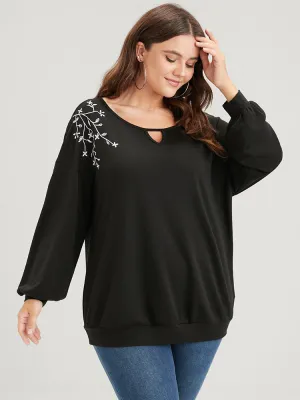 Solid Plant Embroidered Keyhole Neck Sweatshirt