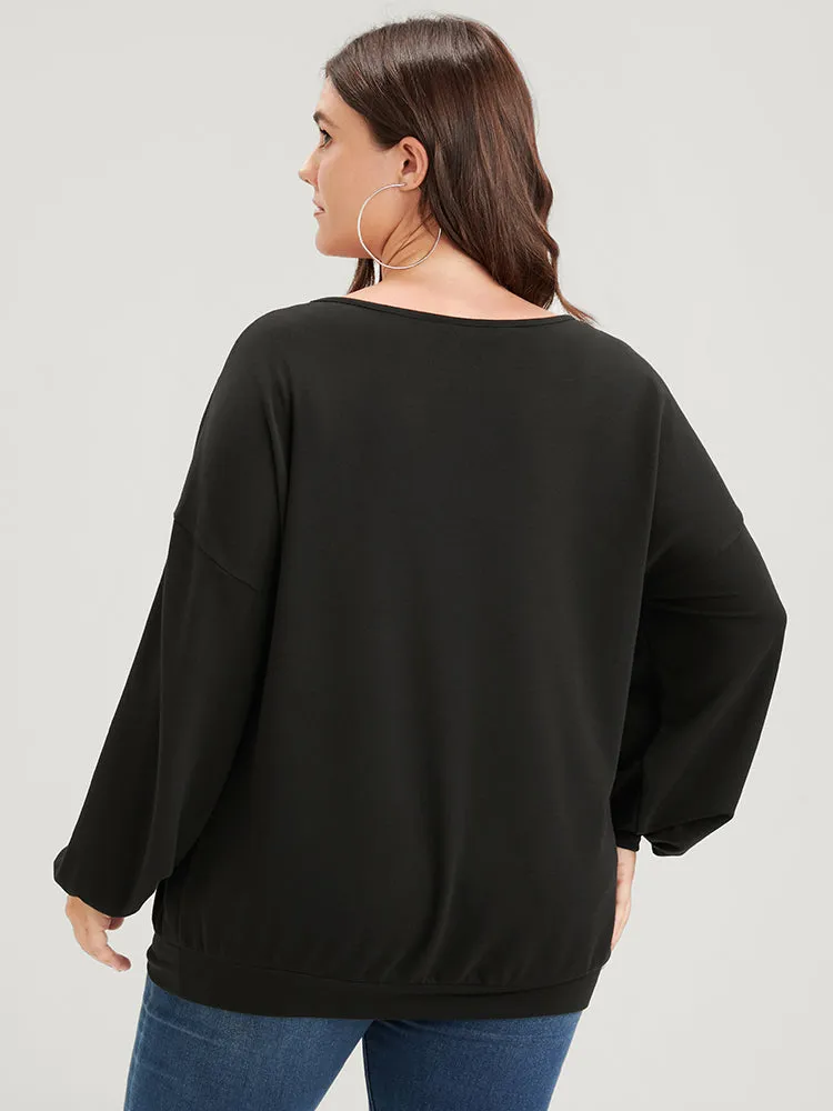 Solid Plant Embroidered Keyhole Neck Sweatshirt