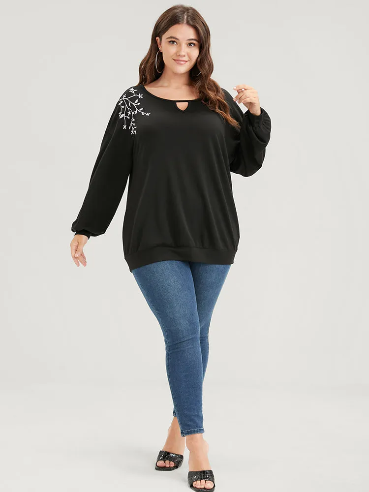 Solid Plant Embroidered Keyhole Neck Sweatshirt