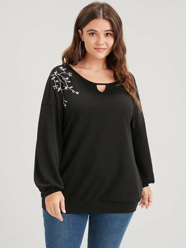 Solid Plant Embroidered Keyhole Neck Sweatshirt