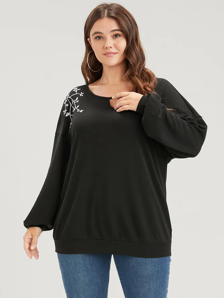 Solid Plant Embroidered Keyhole Neck Sweatshirt