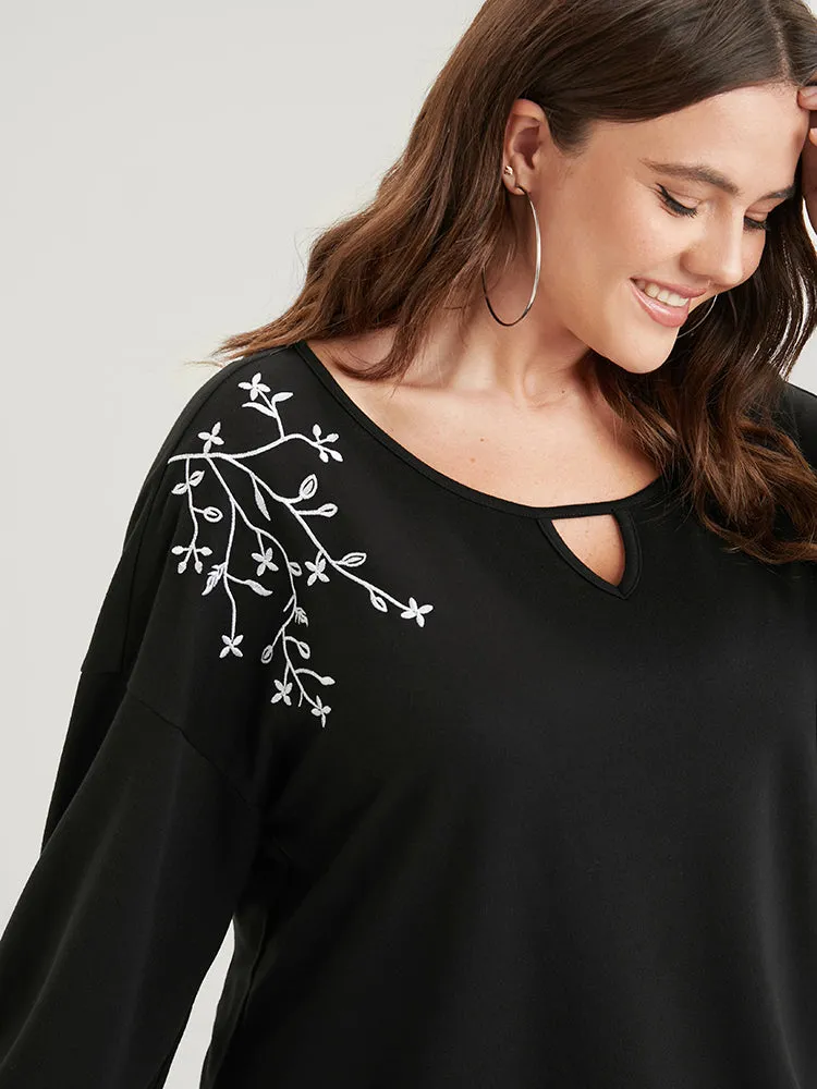 Solid Plant Embroidered Keyhole Neck Sweatshirt