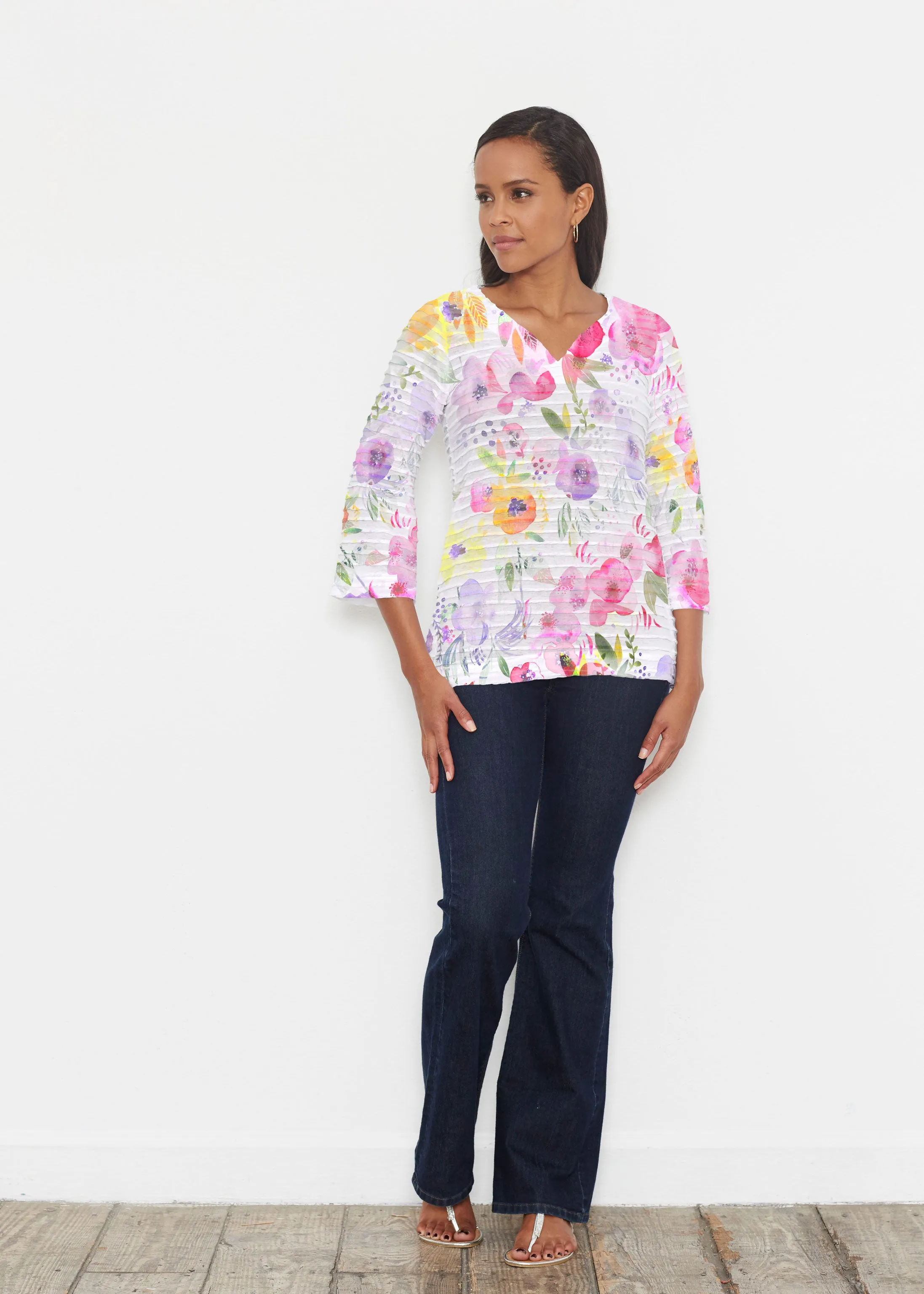 Spring Crush Pink (16061) ~ Banded 3/4 Bell-Sleeve V-Neck Tunic
