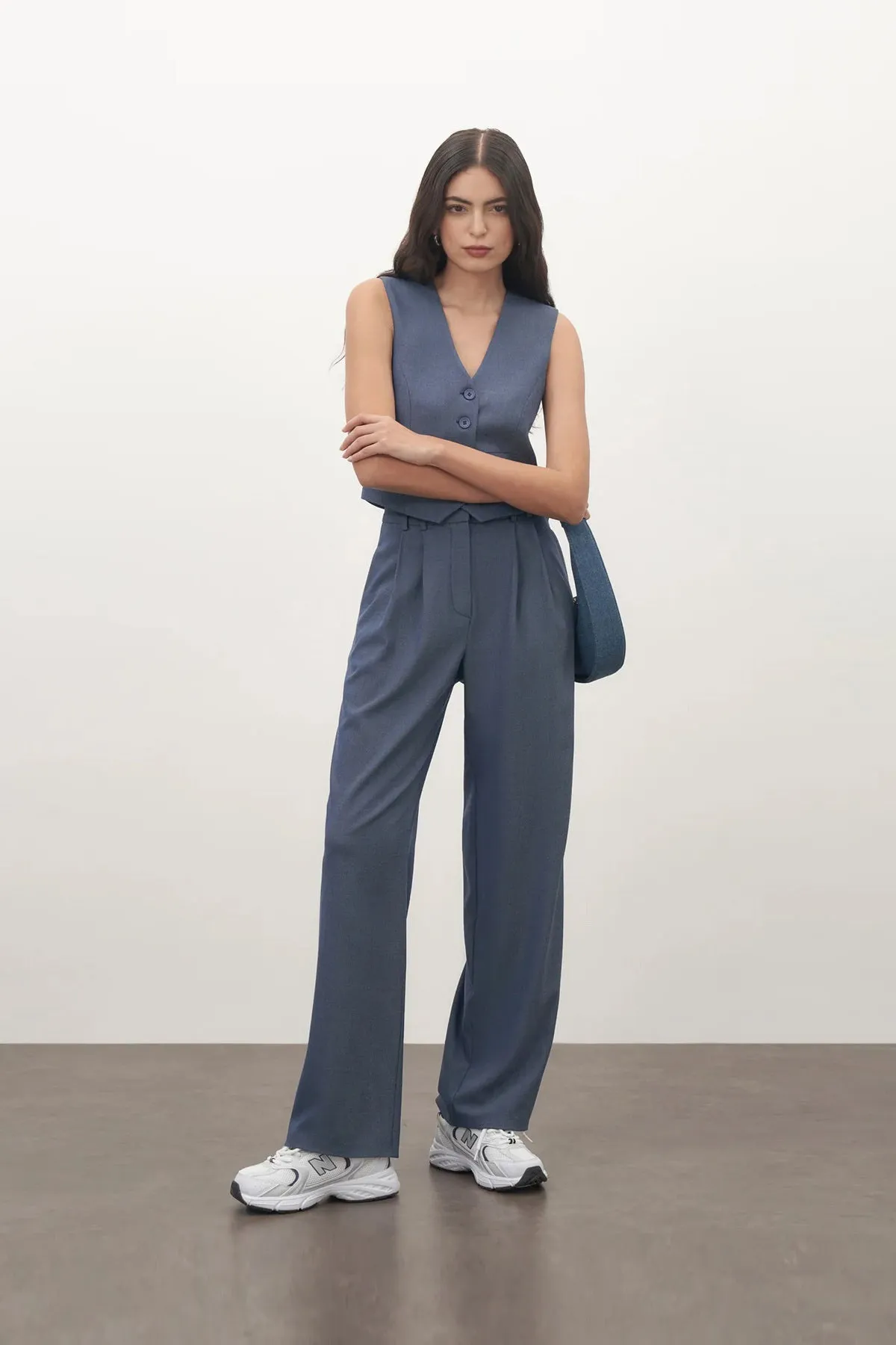 Steel Blue High Waisted Straight Leg Trousers