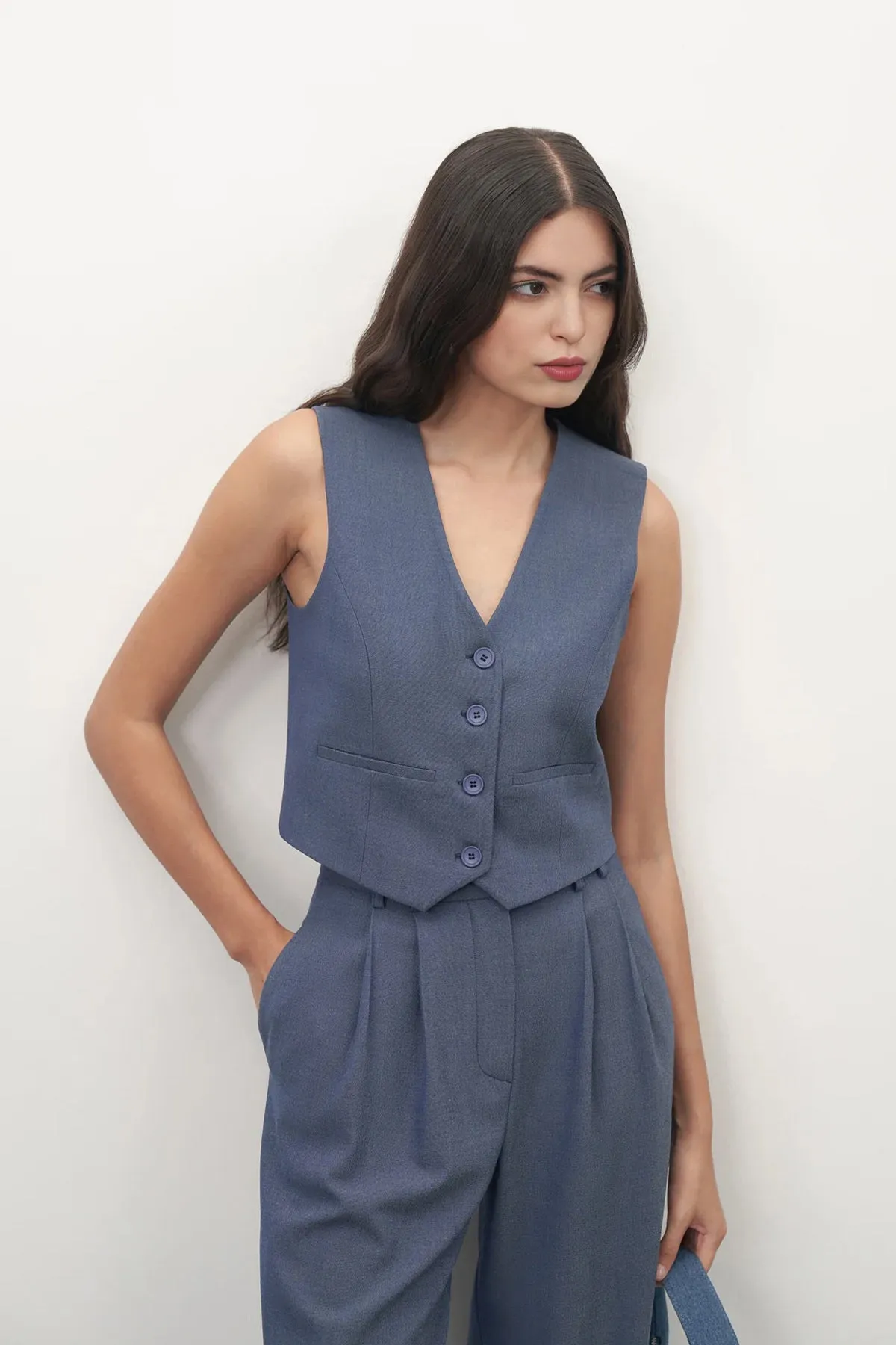 Steel Blue High Waisted Straight Leg Trousers