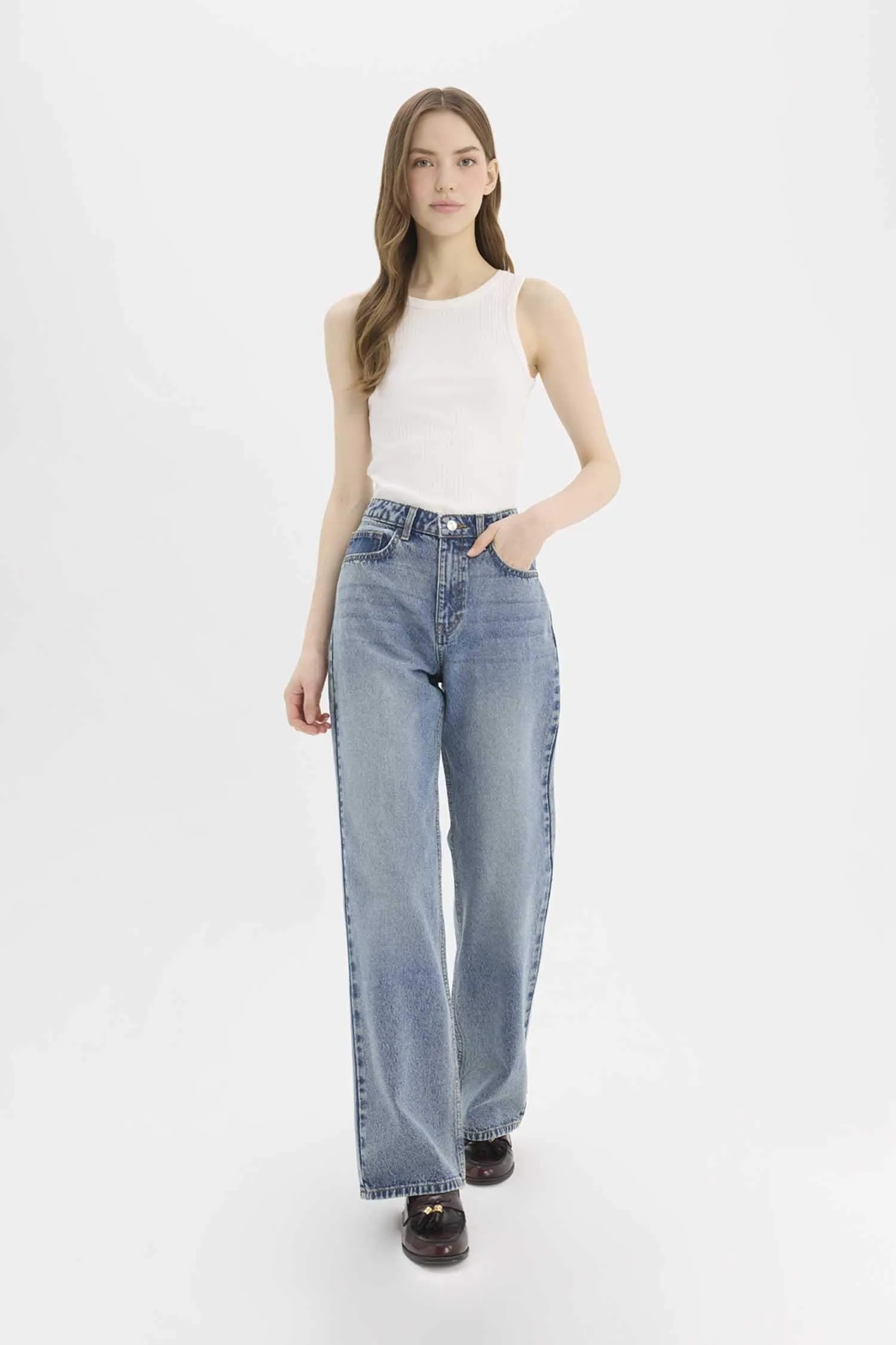 Straight Fit High Waist Wide Leg Long Jeans