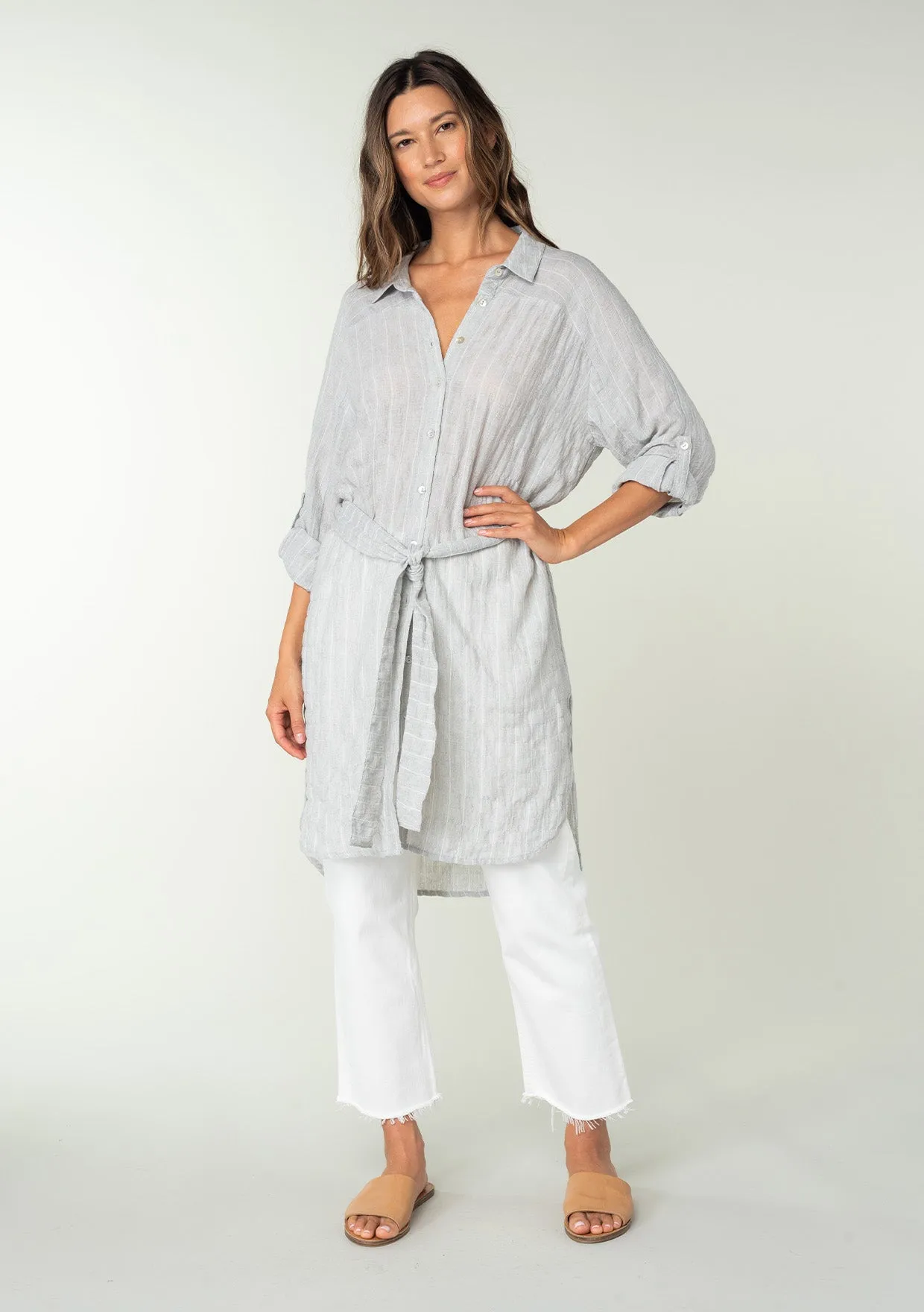 Striped Belted Button Down Collared Tunic